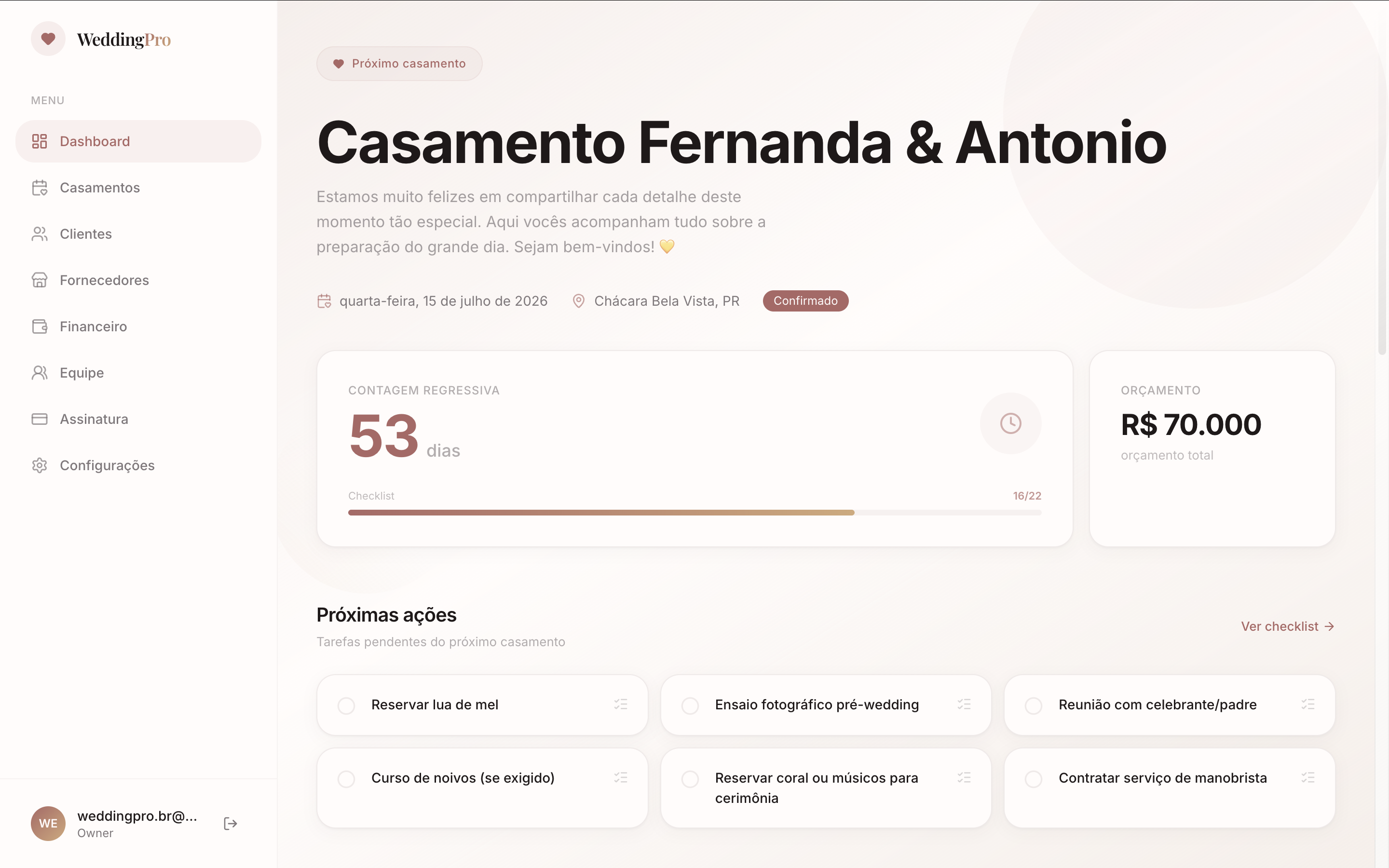 Painel WeddingPro mostrando casamento em organização