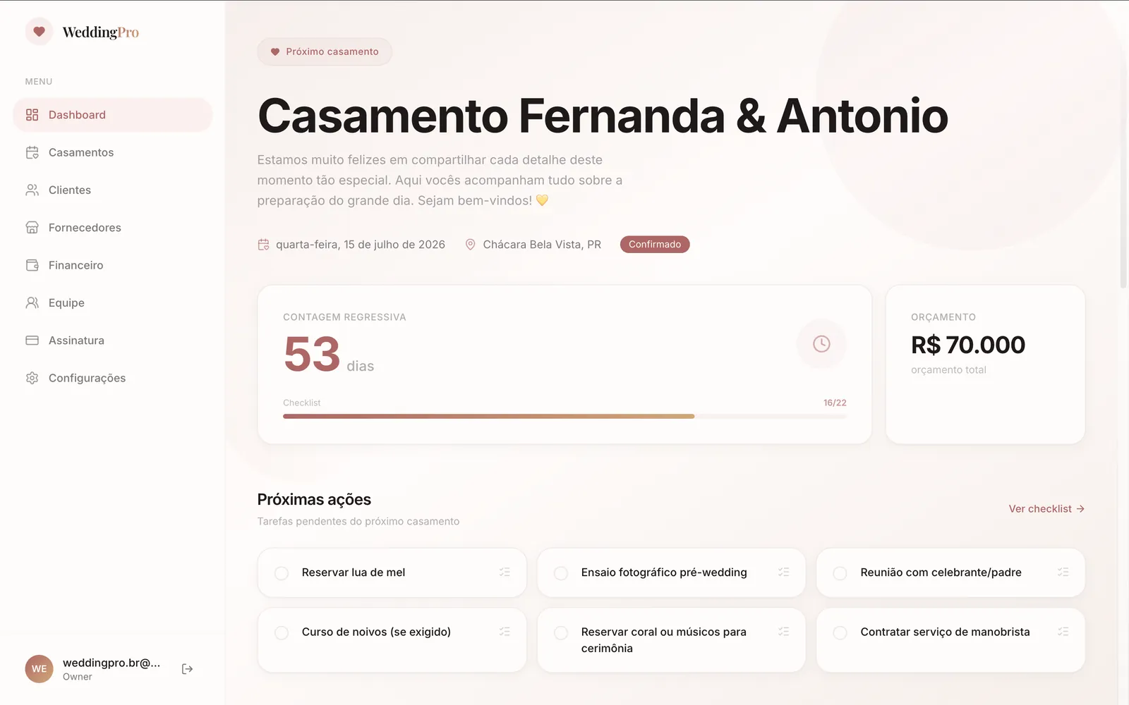 Painel WeddingPro mostrando casamento em organização