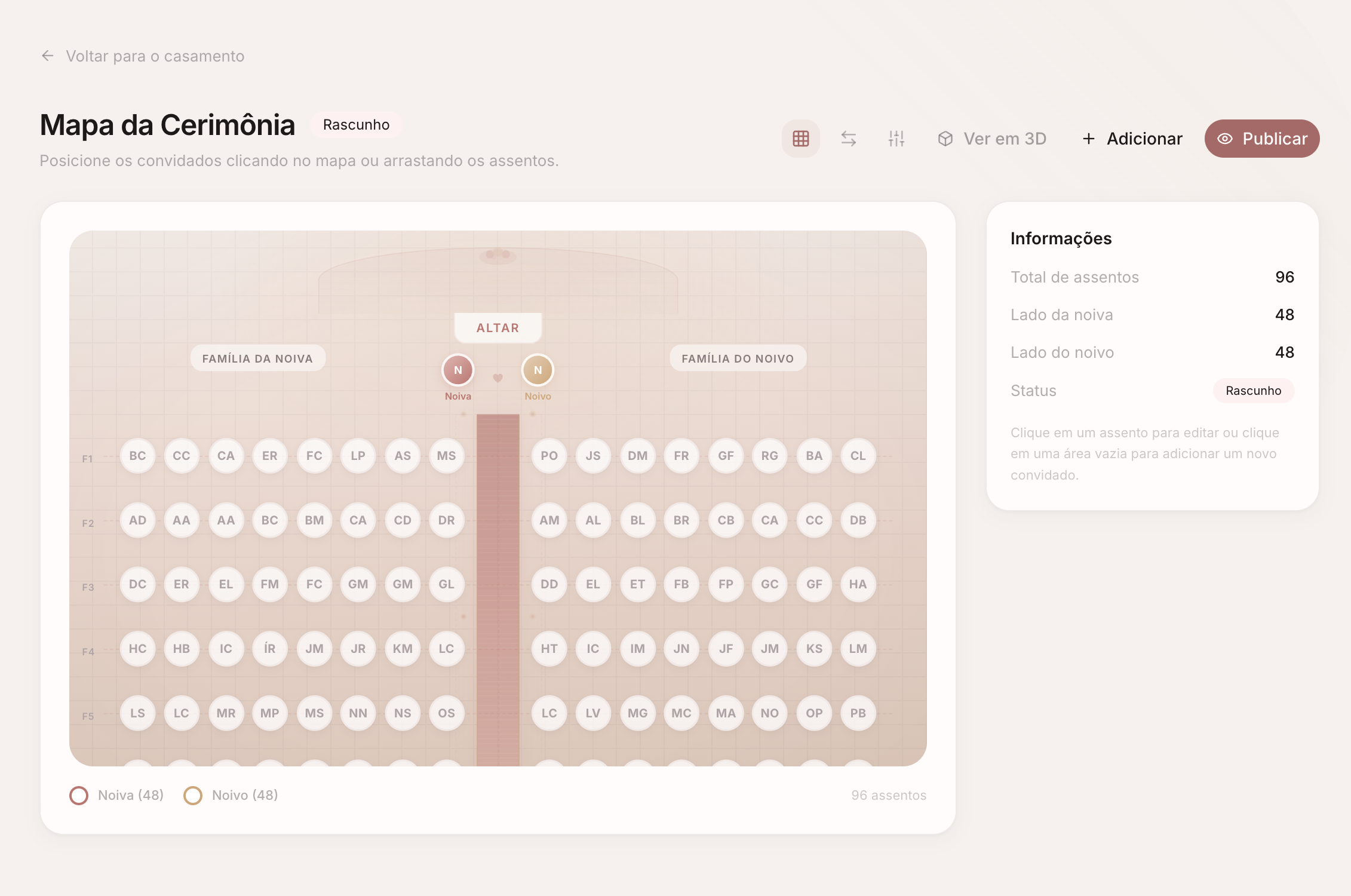 Mapa da cerimônia 2D do WeddingPro com convidados posicionados