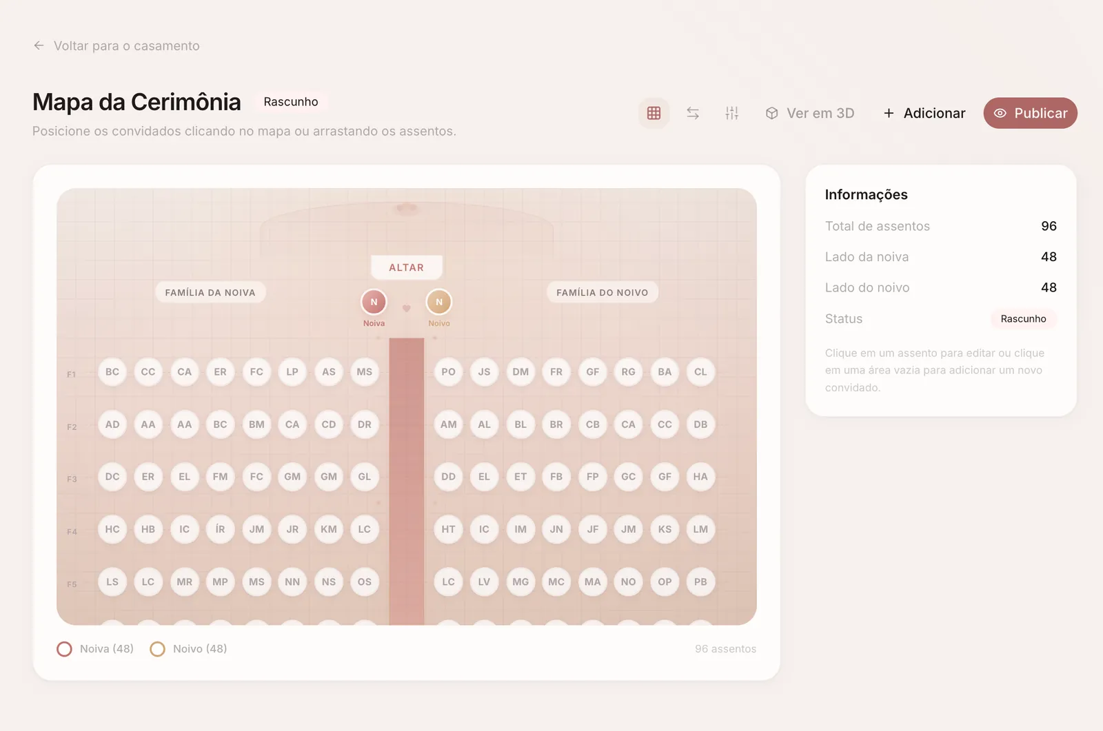 Mapa da cerimônia 2D do WeddingPro com convidados posicionados