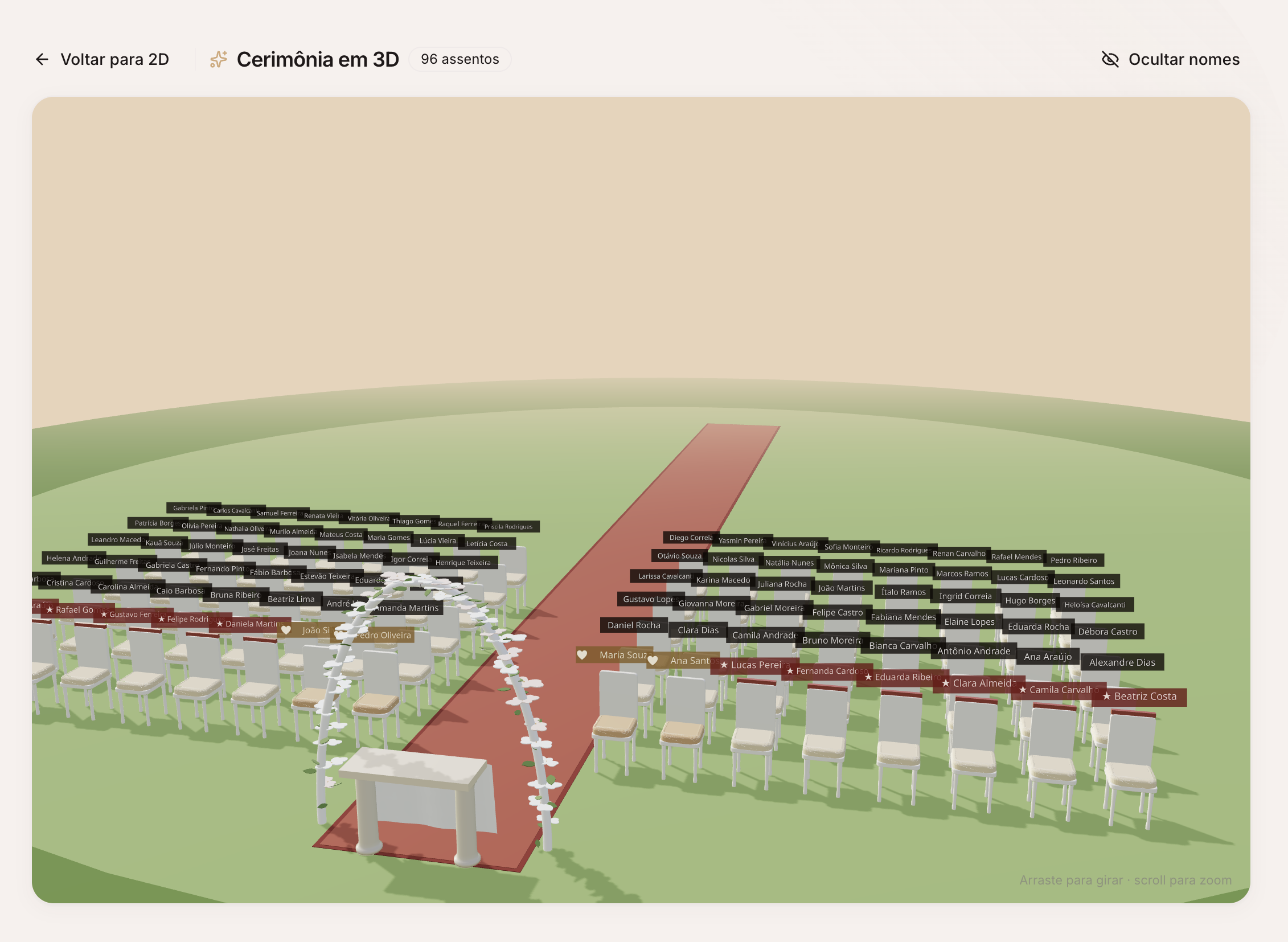 Mapa da cerimônia em 3D do WeddingPro com altar, cadeiras e fileiras