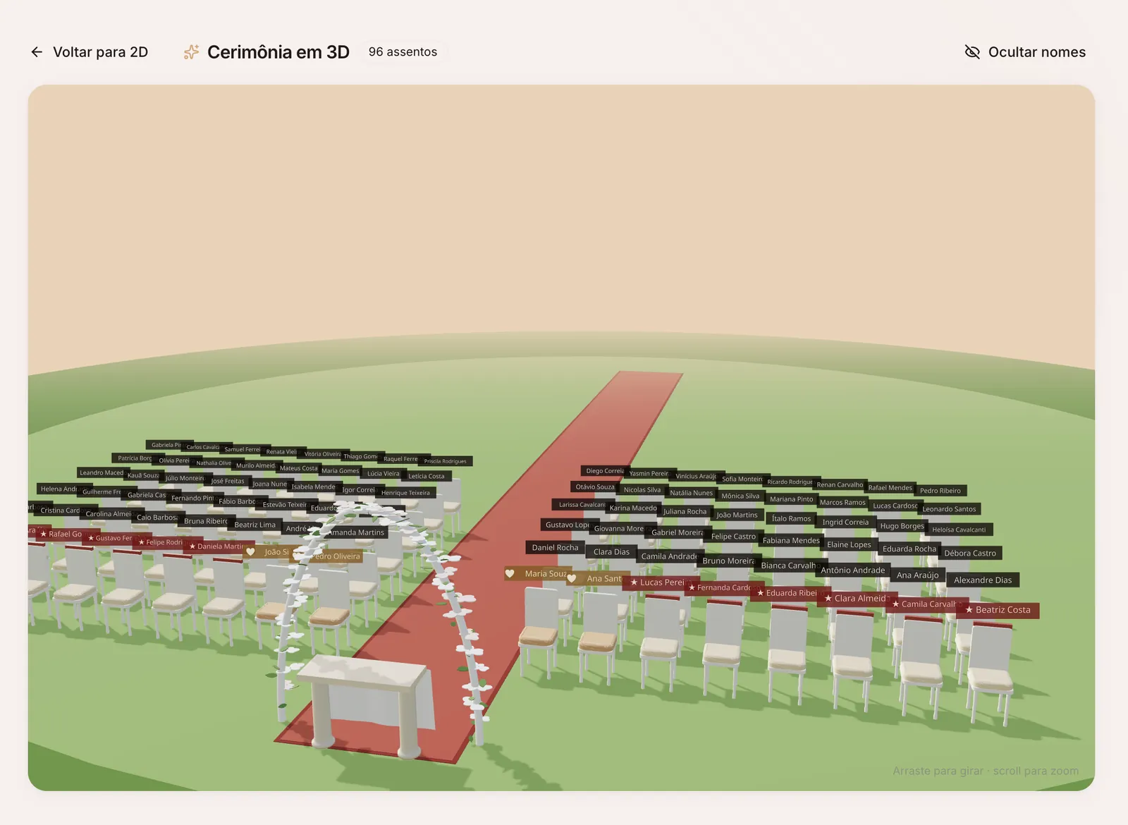 Mapa da cerimônia em 3D do WeddingPro com altar, cadeiras e fileiras