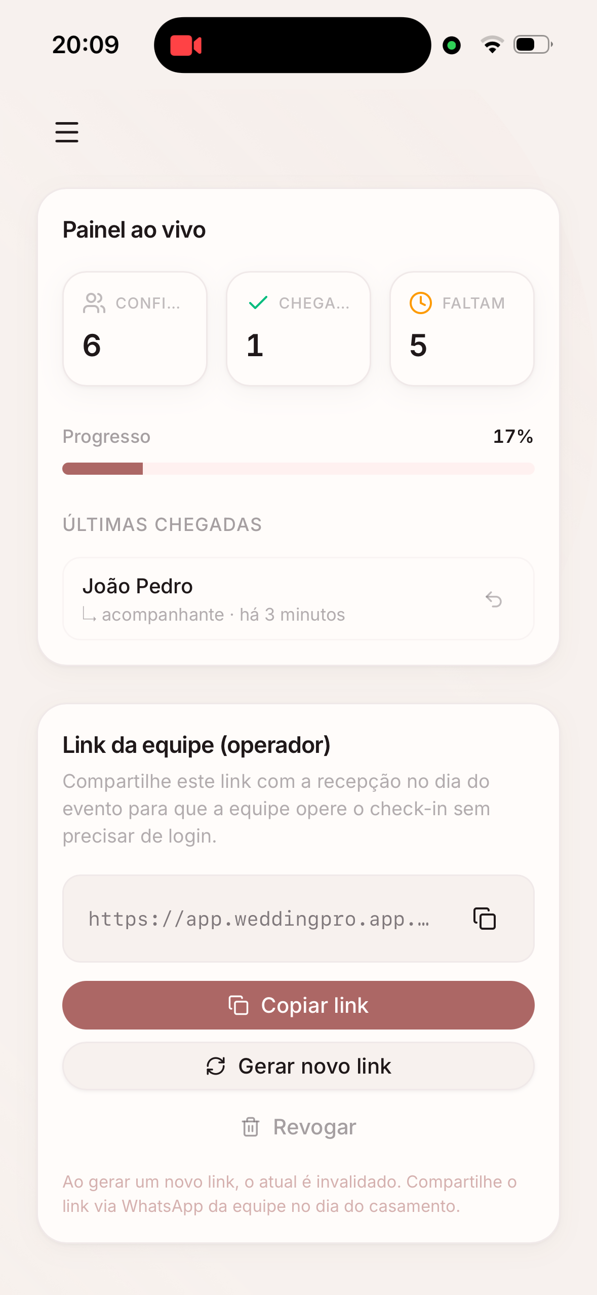 Painel de check-in em tempo real do WeddingPro