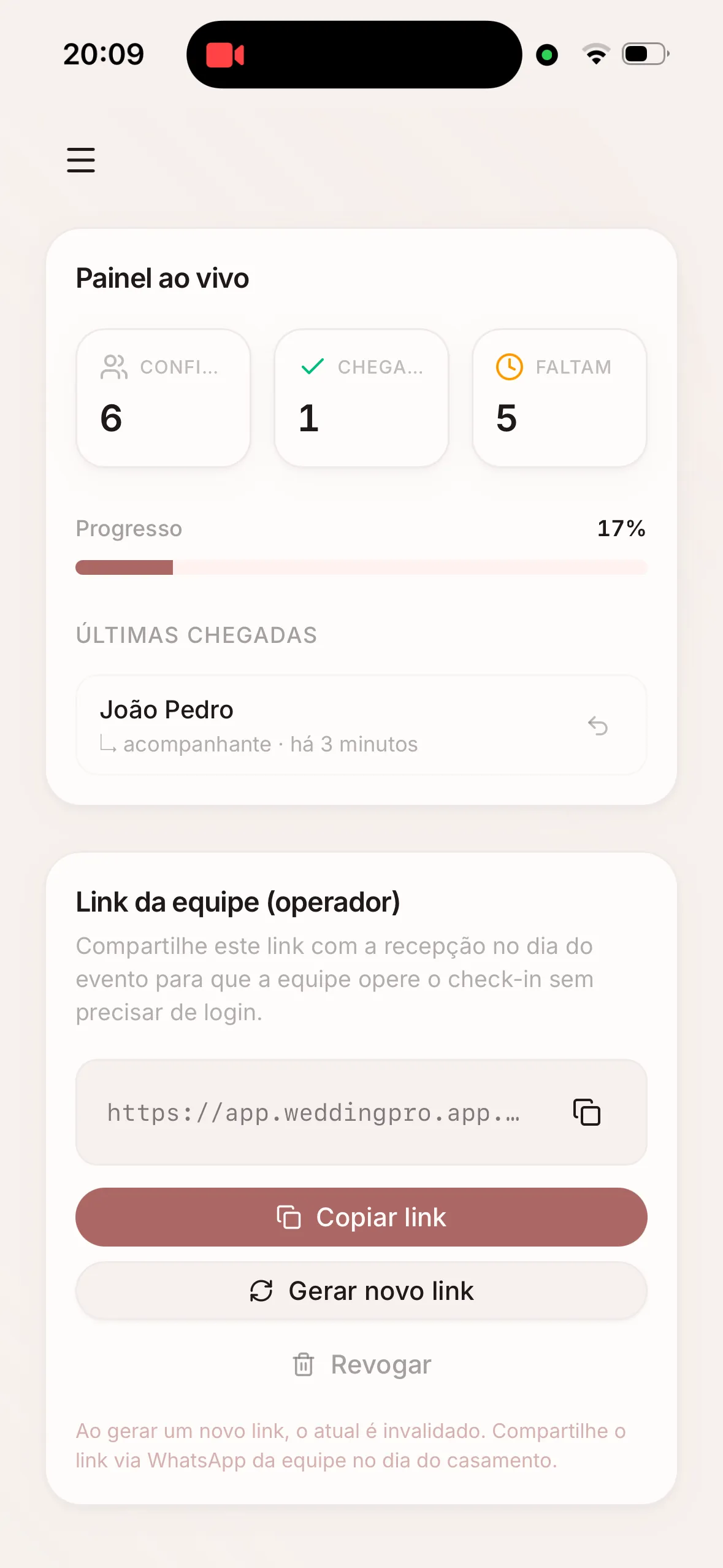 Painel de check-in em tempo real do WeddingPro