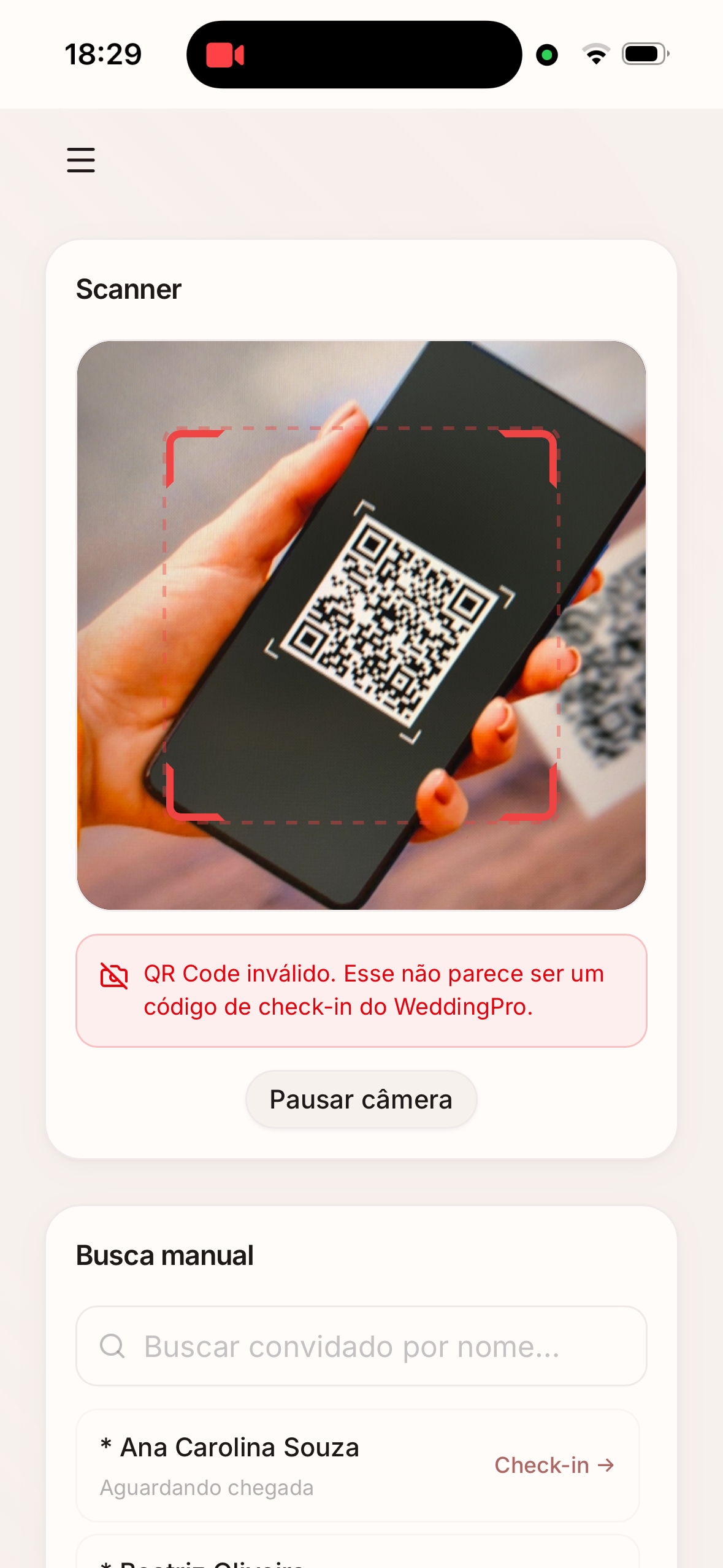 QR Code do convidado para check-in no celular