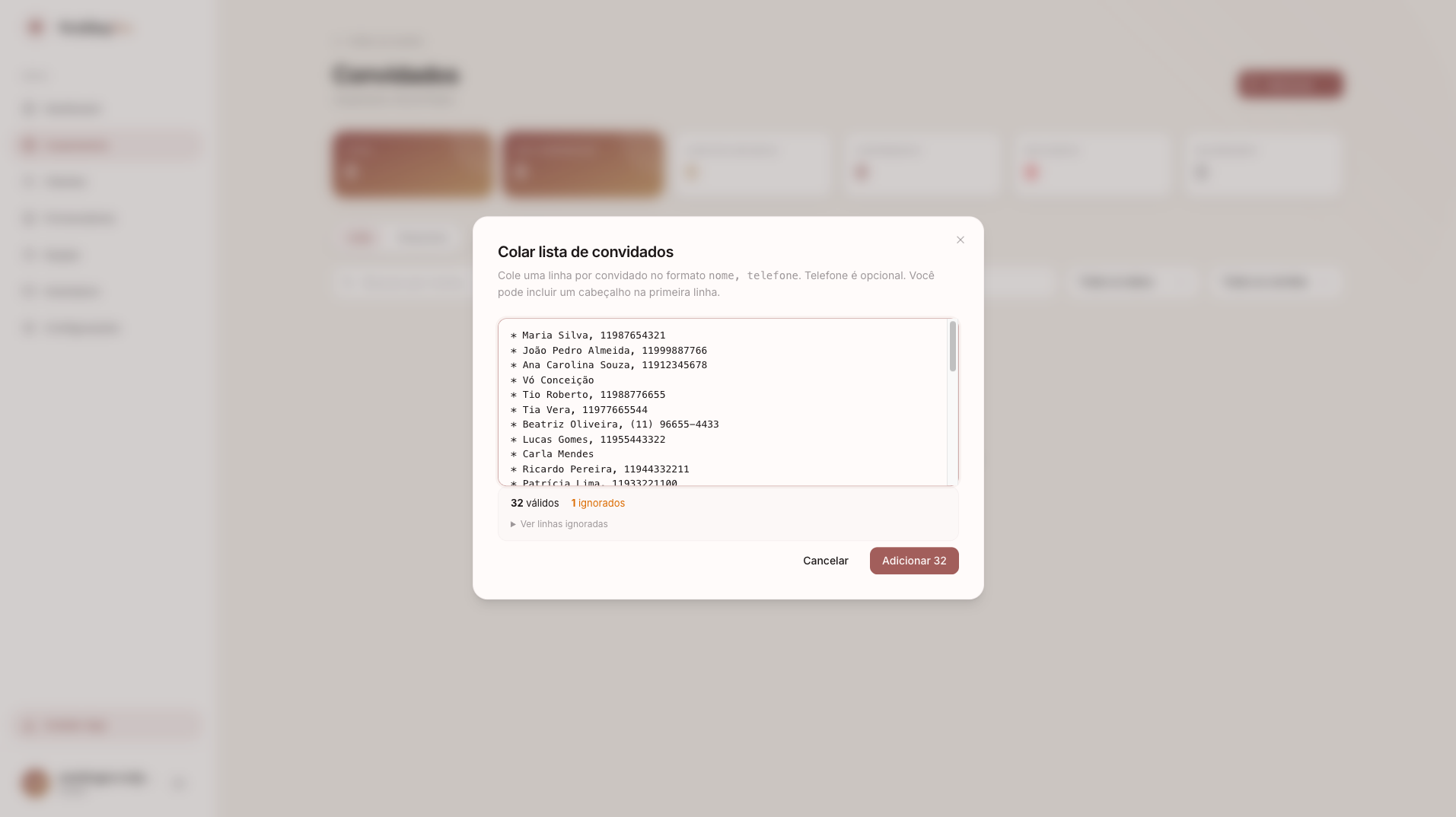 Tela de colar lista de convidados no WeddingPro