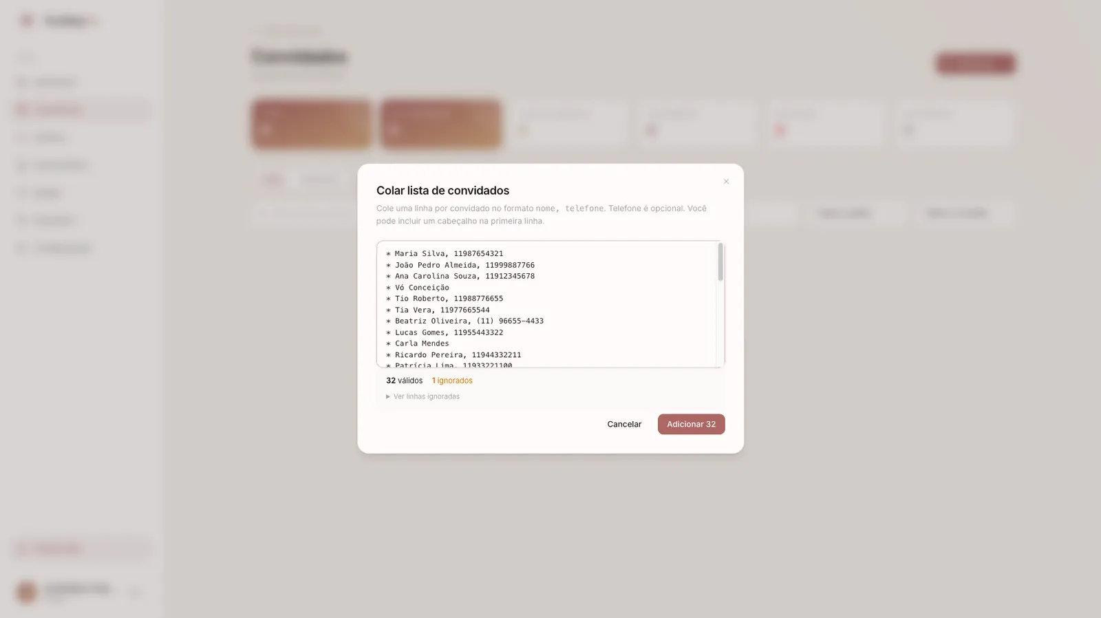 Tela de colar lista de convidados no WeddingPro