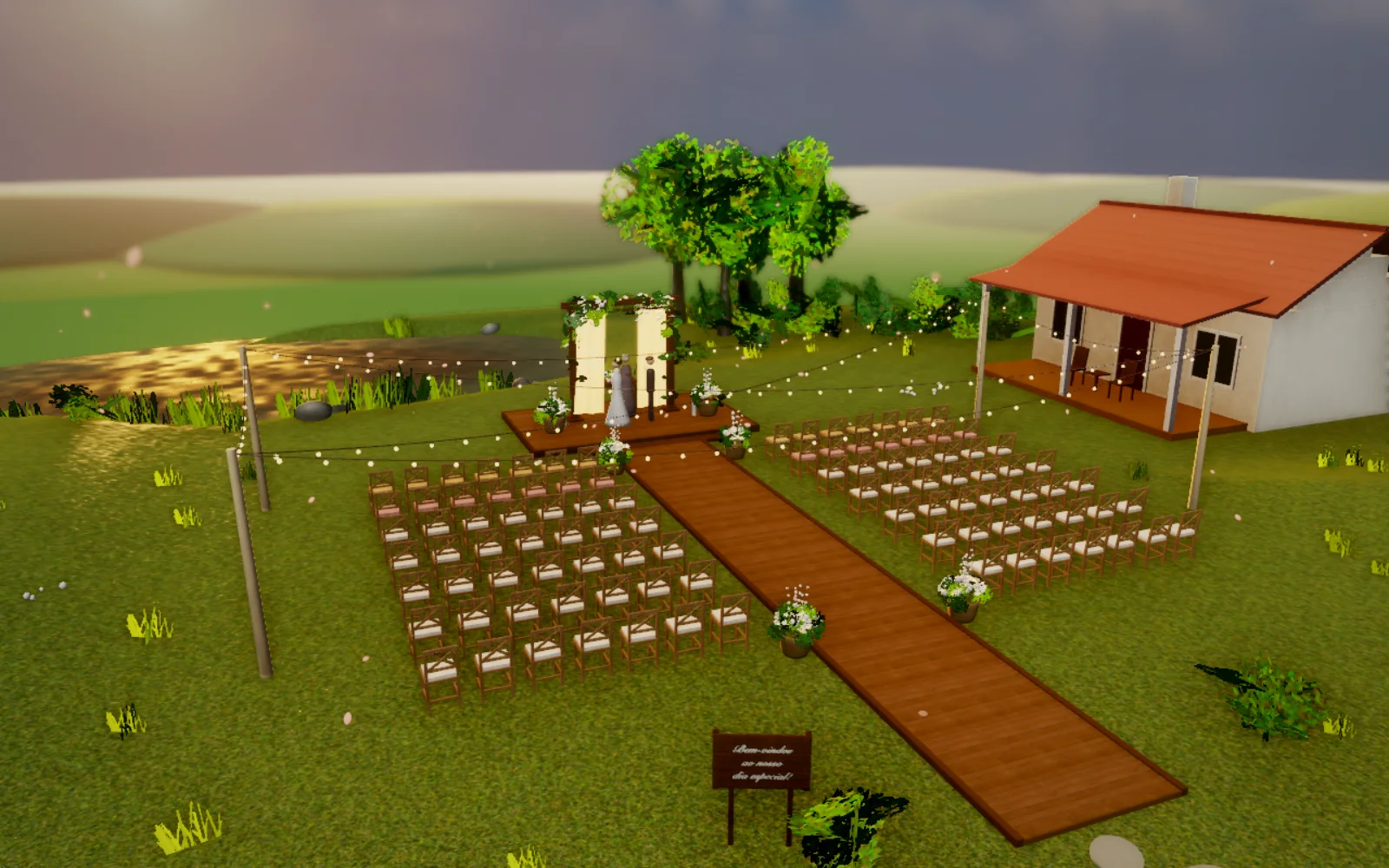 Cerimônia ao ar livre no cenário Jardim, em 3D, com as cadeiras dos dois lados do tapete e o altar ao fundo