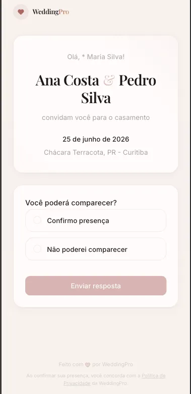 Página de RSVP no celular do convidado